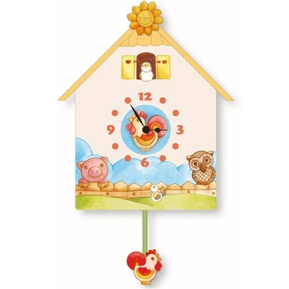 THUN NEW K2196 Wooden Pendulum Farm Animals Themed Kids’ Analogue Clock